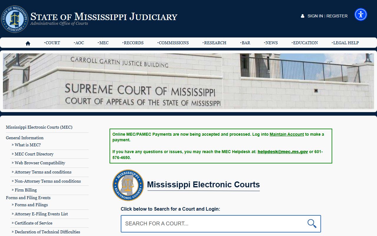 Mississippi Electronic Courts portal for Chickasaw County court records after arrest
