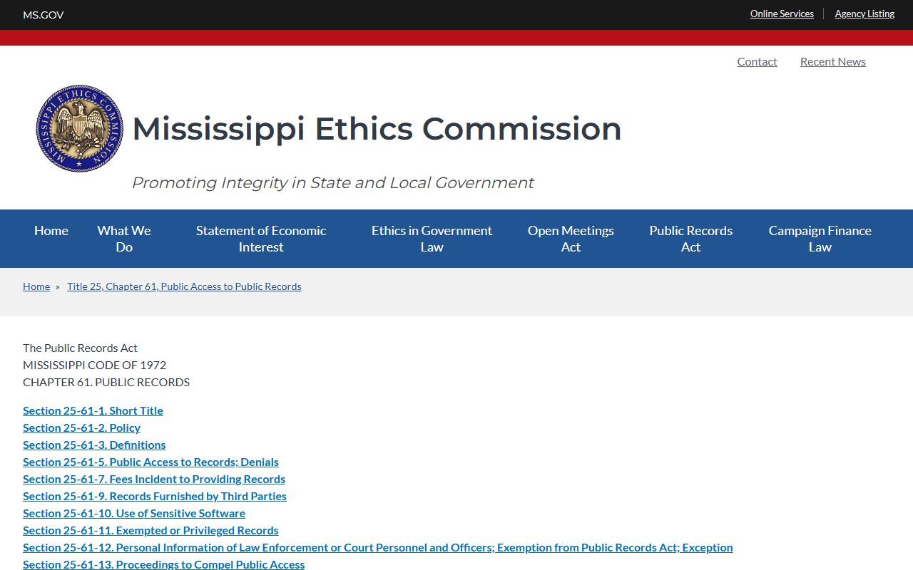 Chickasaw County jail mugshots Mississippi public records law